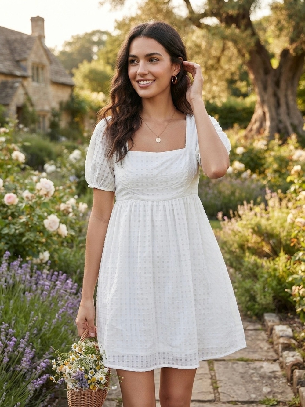 Women's White Square-Neck Puff-Sleeve Mini Dress